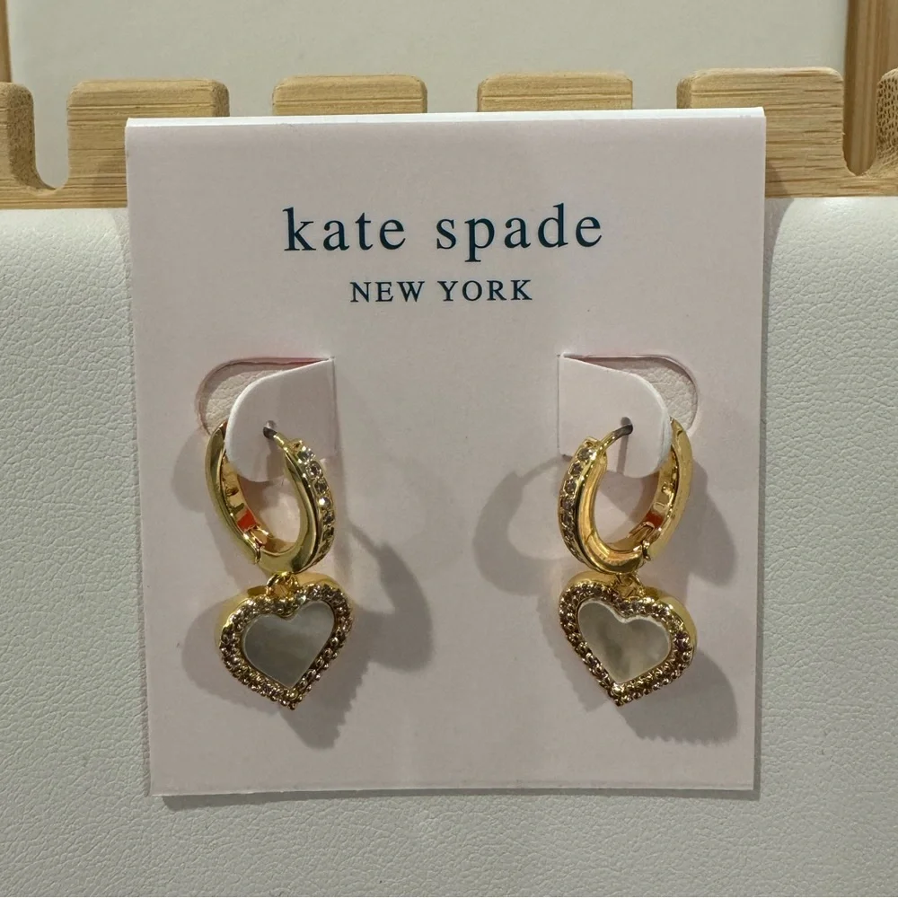 Kate Spade NEW Gold Mother Pearl Pave Heart Earrings.